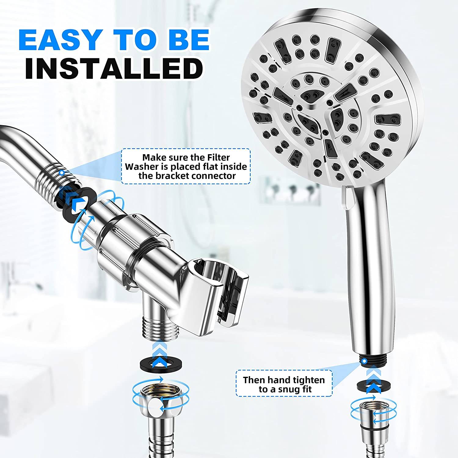 ✅ Shower Head, 10-Mode Luxury Handheld Shower Head, High Pressure Shower Heads with 59 inch Stainless Steel Hose and Adjustable Brass Bracket, All Chrome Finish
✅ 【MULTIFUNCTIONAL SHOWER HEAD】This handheld shower head comes with 8 spray functions, Saturating Spray, Saturating Massage, Massage, Massage Misty, Misty, Saturating Sweeping, Sweeping Spray, and Water Saving mode(Trickle mode) to pause water while shampooing, soaping up, or shaving. Excellent for everyday shower tasks as well as relaxing tired muscles. Gently rotating the handle on the shower head panel can switch the modes easily for a pleasant bath.
✅ 【HIGH-QUALITY MATERIALS AND ADVANCED CRAFT】This detachable shower head is made of high quality ABS chrome, the exquisite chrome plated surface makes shower handle lightweight, durable, rust-proof, fade-proof, lead-free and non-toxic, not easy to damaged when dropping from height, which ensures a safe and comfortable shower. Comfortable ergonomic designed handle makes for ideal balance, ease of use, and lightweight in the hand.