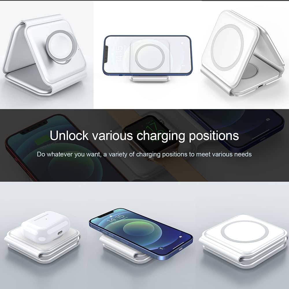 Why choose the 3-in-1 Foldable Wireless Charger?
It combines the advantages of wireless charging and avoids some shortcomings in function and volume. Therefore, this magnetic folding charger can be bought and used with confidence!
IDEAL SIZE, SMALL AND LIGHTWEIGHT, MULTI-DIMENSIONAL USE, EFFICIENT AND CONVENIENT, SAFETY PROTECTION. Use it to charge your iPhone, iWatch and AirPods. It will be the best choice for daily use and travel.