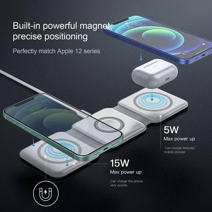 Why choose the 3-in-1 Foldable Wireless Charger?
It combines the advantages of wireless charging and avoids some shortcomings in function and volume. Therefore, this magnetic folding charger can be bought and used with confidence!
IDEAL SIZE, SMALL AND LIGHTWEIGHT, MULTI-DIMENSIONAL USE, EFFICIENT AND CONVENIENT, SAFETY PROTECTION. Use it to charge your iPhone, iWatch and AirPods. It will be the best choice for daily use and travel.