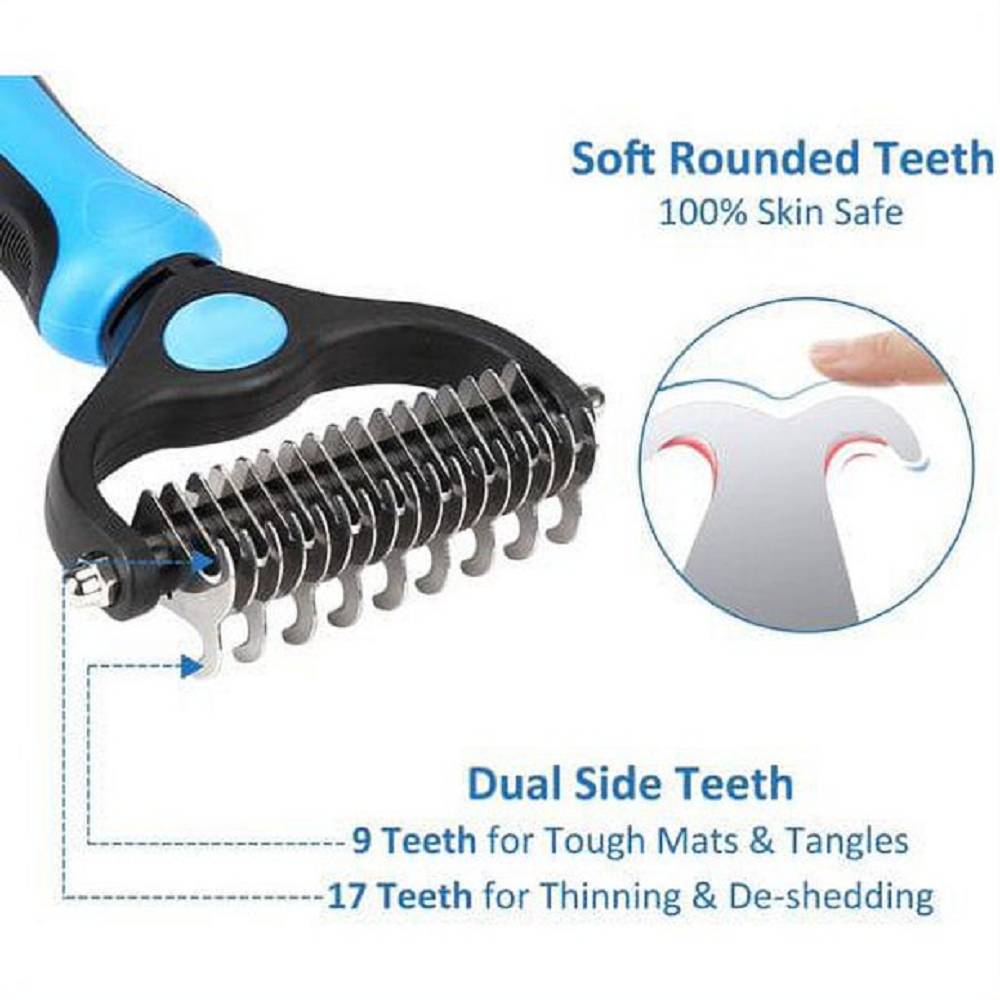 QSCQ Pet Dematting Comb Grooming Undercoat Rake 17+9 Teeth - Double Sided Designed, weight 0.47 lb .
You will be amazed at how much hair will come off after a single use imagine how your dog will love the new healthy and shiny coat after having a grooming session with our grooming tool.shedding brush. Our undercoat rake dramatically reduces shedding by up to 90% after just 1 short session. Perfect for matted, heavy shedding undercoats and extra fur. This is the perfect pet brush for daily deshedding.
Benefits from our grooming brush: Multi-purpose grooming tool - dual head design -the 9 teeth dematting side is perfect for removing mats, tangles, and knots, and the 17 teeth deshedding side is best suited for thinning and de-shedding loose hair. Stop pulling the hair out - slightly sharpened blades smoothly cut through the toughest mats. Reduce shedding regular brushing removes excess dead hair from your pet's undercoat, leaving you a clean and hair-free home. Safe for your furry friends - rounded ends teeth do not scratch or irritate the skin. Our dematting comb will leave your pet’s fur sleek, shiny and healthy, perfect for dogs, cats, horses, and rabbits with short, medium, and long coats.
Tips for Achieving the Best Grooming Results:
. Use the 9-teeth side to go over the coat a few times, until you’re pulling out less and less hair from the brush;
. Comb with the 17-teeth side to thin and de-shed undercoat and remove more loose hair;
. Pick out the small tangles or mats with our dog metal comb that the teeth can’t get through.