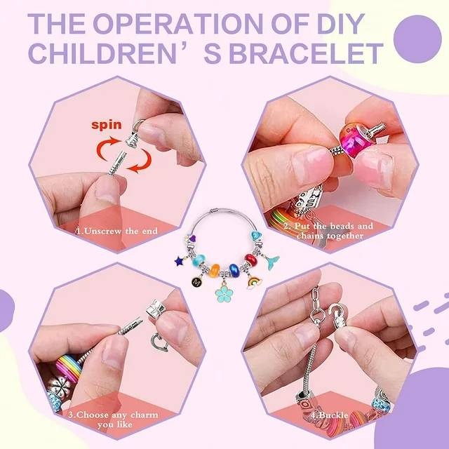 QSCQ Charm Bracelet Making Set Perfect Gift for Teenagers and Girls Girls will immediately fall in love with the beautiful charm of various shapes and designs. They can easily string spells on chains and wear bracelets in different occasions. The Best Gift for Teenage Girls, Craft for Girls Aged 5-12 The bracelet making kit is an excellent gift for birthdays and Christmas parties for girls aged 5-12, making it easy to carry,Jewelry Making. This girl's jewelry set can bring hours of fun and endless thinking to your child. Parents can accompany their children to design a unique bracelet. DIY jewelry making accessories: 3 bracelets, 3 necklaces (pink, purple, blue). 20 metal beads, 20 hanging beads, 20 colored beads, 1 gift box, and 1 manual,Bracelet Making Kit. The beads and bracelets are packed in a beautiful box. Unscrew to remove the end cover. Bracelet Making,Crafts for Girls,Jewelry Making Kit You are ready to add beads to the bracelet! After stringing the beads, simply tighten the end cap.