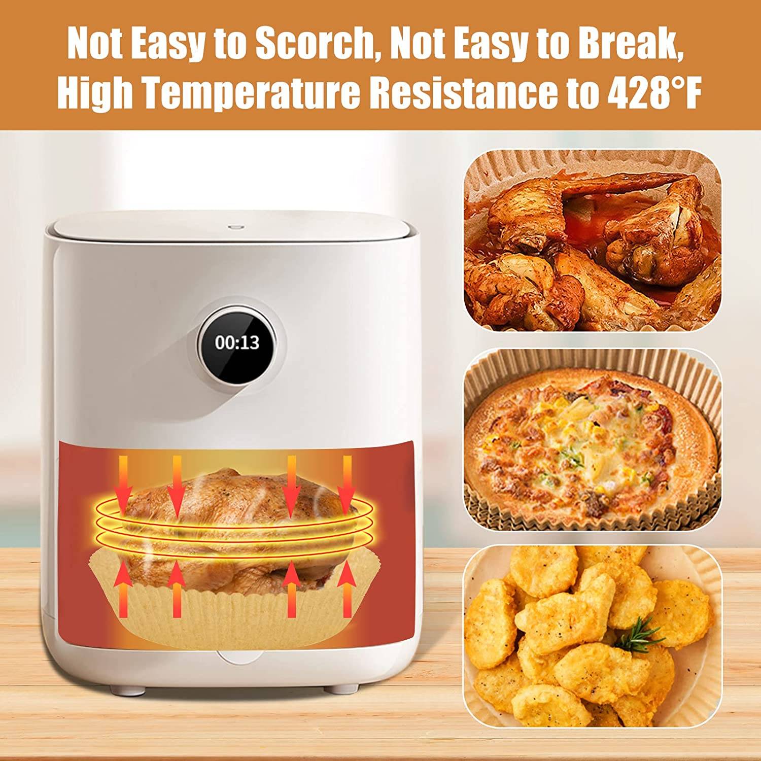 Why air fryer liners is a good helper in your kitchen?
. Just throw away the air fryer disposable paper liners after use. No need to clean the fryer anymore.
. Sufficient quantities offer a wide range of choices for your daily cooking, baking and replacement needs.
. These Air Fryer Paper liner can effectively keep food residue away from air fryer and make it as clean as unused.
. The heat is generated by air circulation from the pan's wall,Non Stick air Fryer Lining, and it won't affect the air circulation by air fryer tray liners. When baking, the grease comes out to the paper liner,Parchment air fryer lining, ensure the original taste of food.