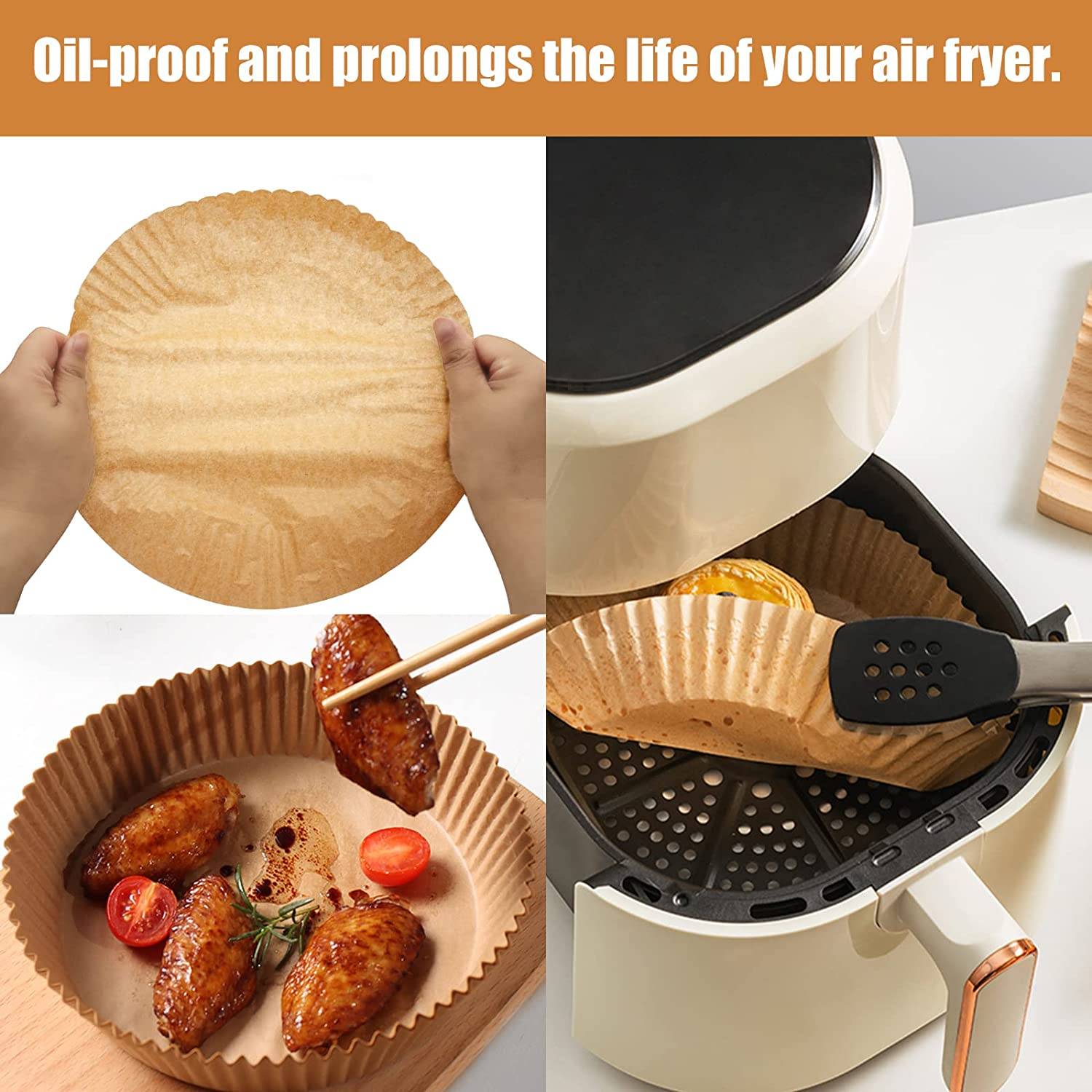 Why air fryer liners is a good helper in your kitchen?
. Just throw away the air fryer disposable paper liners after use. No need to clean the fryer anymore.
. Sufficient quantities offer a wide range of choices for your daily cooking, baking and replacement needs.
. These Air Fryer Paper liner can effectively keep food residue away from air fryer and make it as clean as unused.
. The heat is generated by air circulation from the pan's wall,Non Stick air Fryer Lining, and it won't affect the air circulation by air fryer tray liners. When baking, the grease comes out to the paper liner,Parchment air fryer lining, ensure the original taste of food.