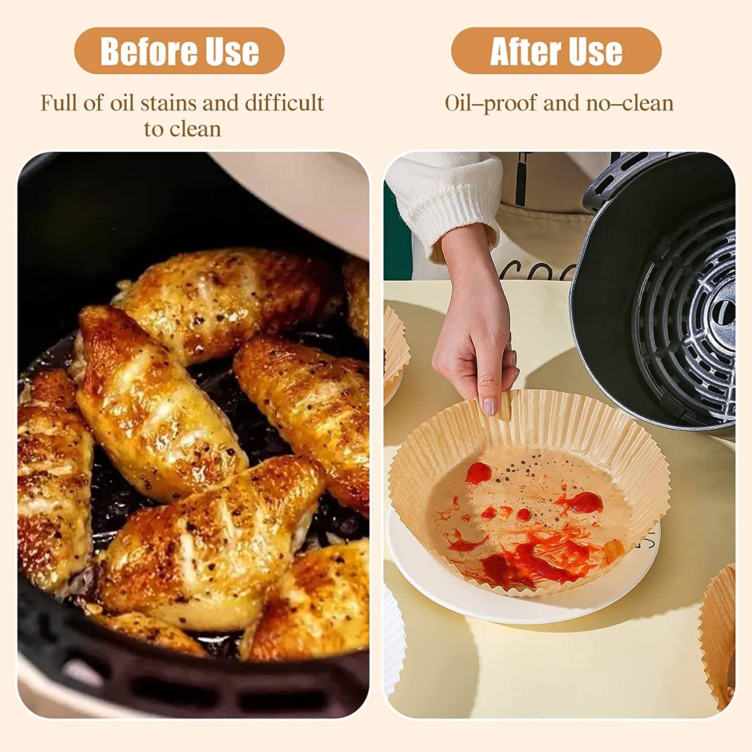 Why air fryer liners is a good helper in your kitchen?
. Just throw away the air fryer disposable paper liners after use. No need to clean the fryer anymore.
. Sufficient quantities offer a wide range of choices for your daily cooking, baking and replacement needs.
. These Air Fryer Paper liner can effectively keep food residue away from air fryer and make it as clean as unused.
. The heat is generated by air circulation from the pan's wall,Non Stick air Fryer Lining, and it won't affect the air circulation by air fryer tray liners. When baking, the grease comes out to the paper liner,Parchment air fryer lining, ensure the original taste of food.