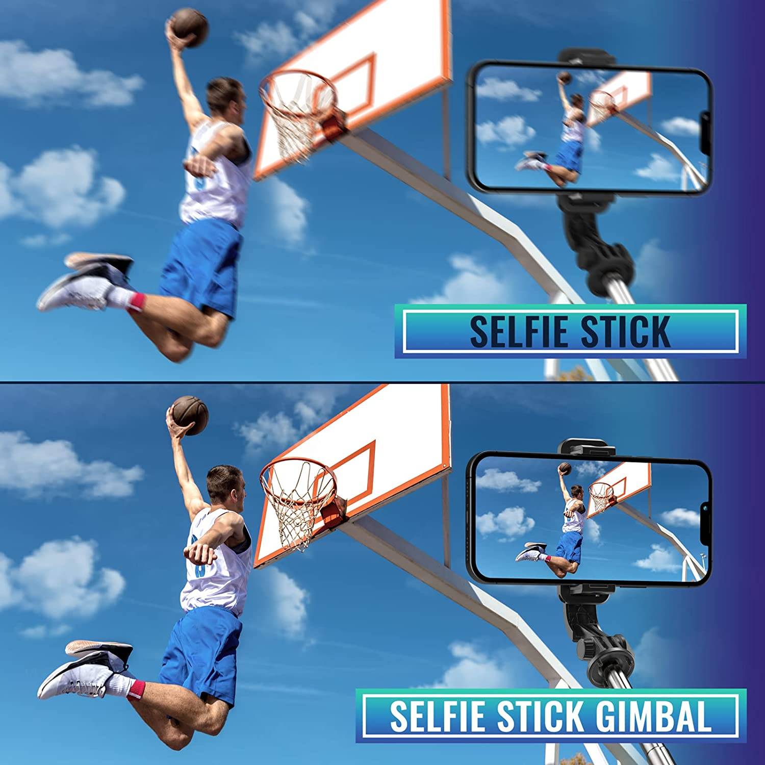 1. Multi-angle shot with vertical shooting at 90 degrees. This smartphone tripod helps to capture clean shots from any angle even in the move.
2. Compatible for iPhone Android smartphones.
3. Table tripod, ground top tripod and selfie stick function. The ball head makes positioning and straightening devices easy.
4. Height adjustable from 11 inch to 39.4 inch.
5. Bluetooth shutter release. Range: 33ft.