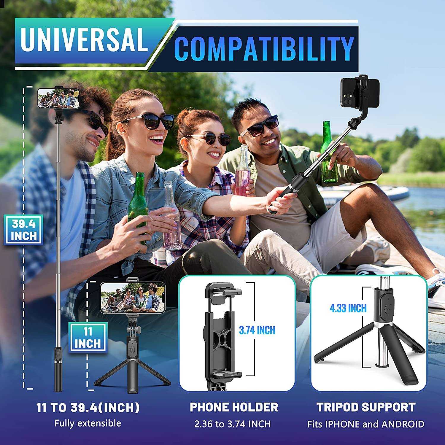 1. Multi-angle shot with vertical shooting at 90 degrees. This smartphone tripod helps to capture clean shots from any angle even in the move.
2. Compatible for iPhone Android smartphones.
3. Table tripod, ground top tripod and selfie stick function. The ball head makes positioning and straightening devices easy.
4. Height adjustable from 11 inch to 39.4 inch.
5. Bluetooth shutter release. Range: 33ft.