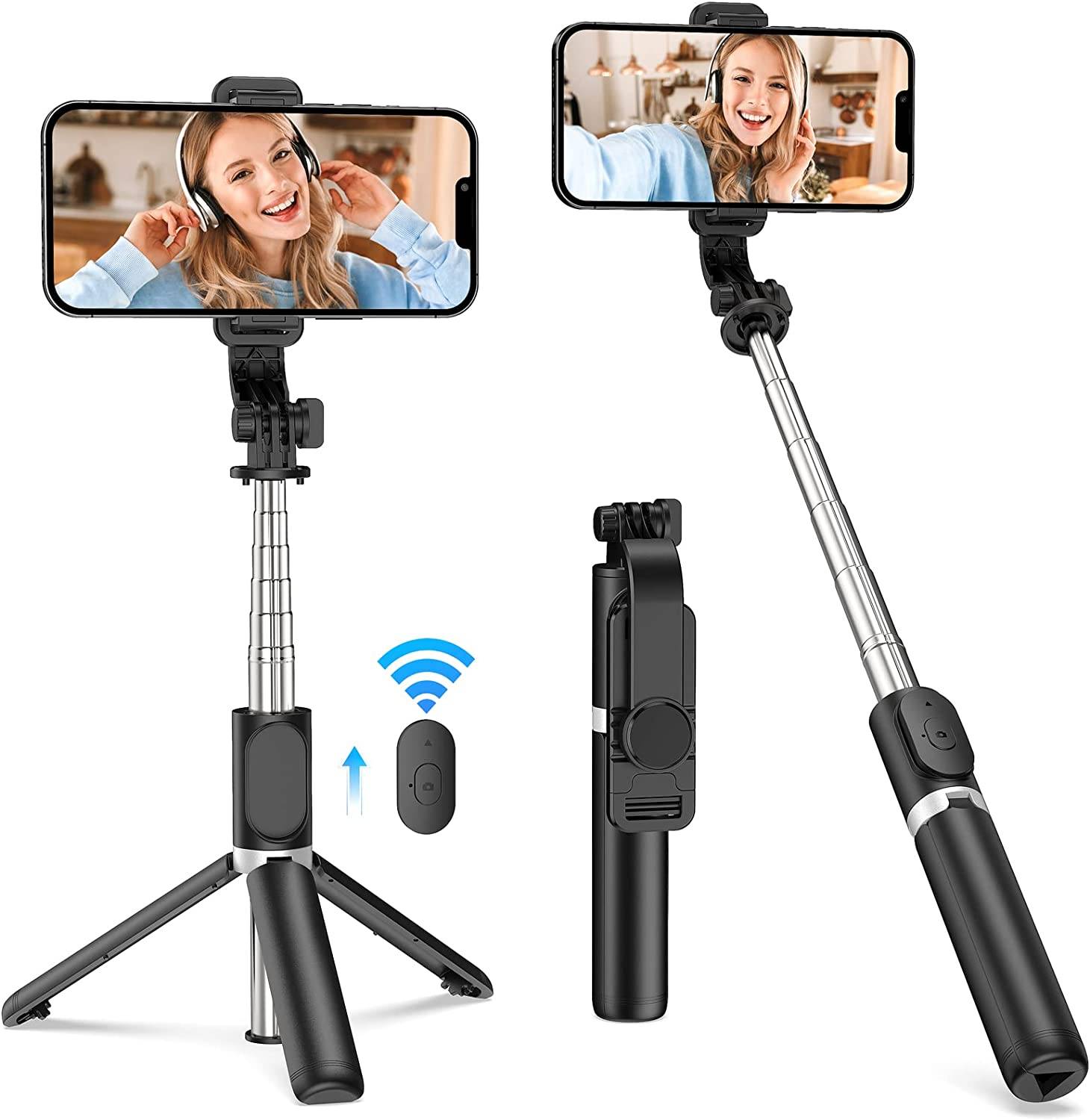 1. Multi-angle shot with vertical shooting at 90 degrees. This smartphone tripod helps to capture clean shots from any angle even in the move.
2. Compatible for iPhone Android smartphones.
3. Table tripod, ground top tripod and selfie stick function. The ball head makes positioning and straightening devices easy.
4. Height adjustable from 11 inch to 39.4 inch.
5. Bluetooth shutter release. Range: 33ft.