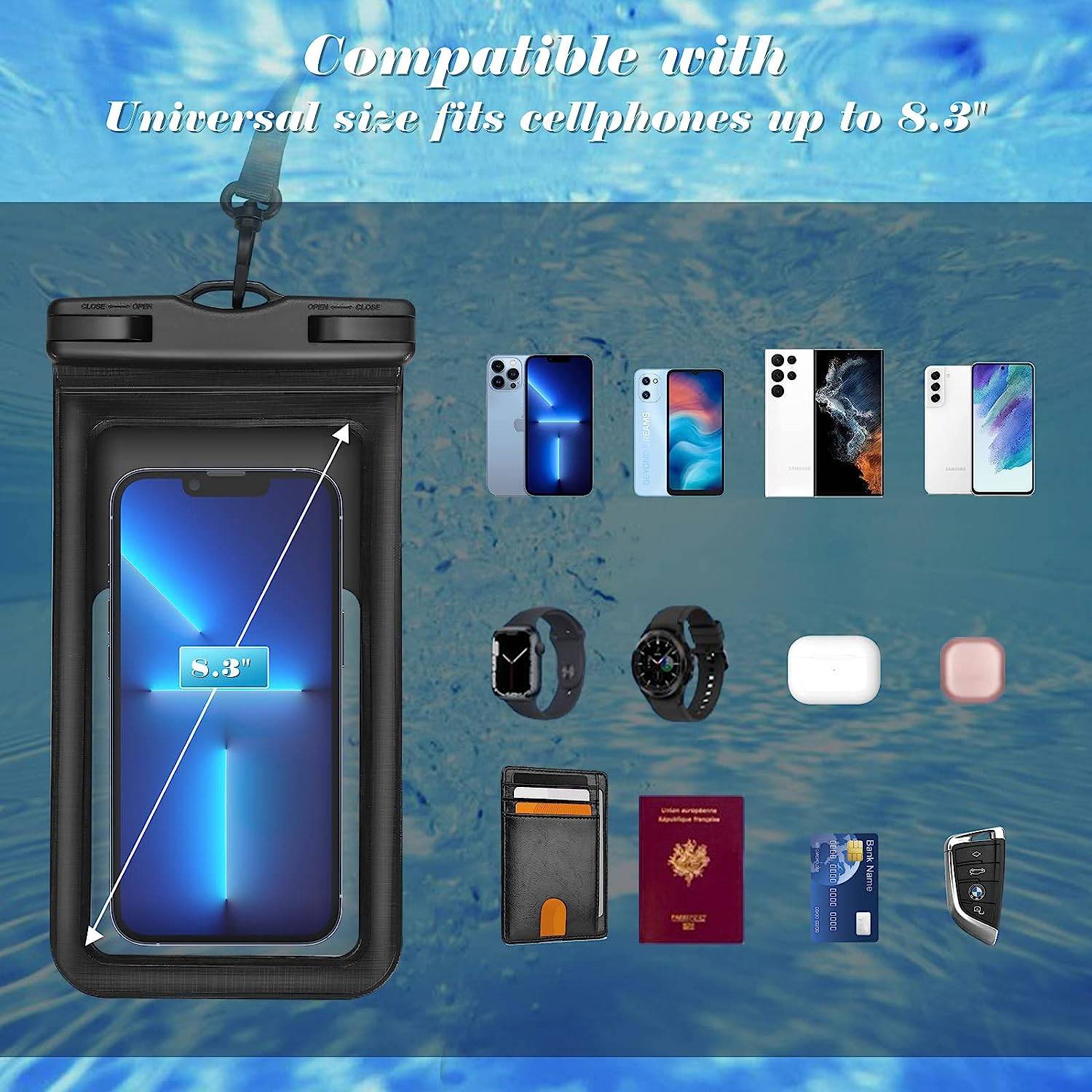 Use your smartphone on the lake with confidence with the waterproof phone case. Whether you like to hike, go boating, or just want to make sure your phone stays dry, this waterproof phone case is the best option for protecting your device. This waterproof case measures 4.5 inches wide by 8.5 inches tall. It is compatible with multiple devices of different sizes, both iPhone and Android. Great for camping trips, hiking trails, beaches, festivals and adventures! Waterproof phone case will also protect your mobile device from scratches! This is 100% waterproof and its transparent case allows you to work on your phone while the phone stays in this case, protected.