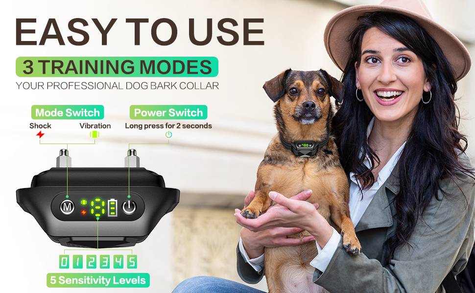 5 levels sensitivity adjustment, sound + vibration stop and anti-barking function.
The anti barking training shock Collar works in automatic mode, in which sounds and vibrations are combined to effectively and safely stop the barking. Useful when you are not at home and your dog stays alone.
Our rechargeable barking collar control device contains an integrated rechargeable battery, and can be fully charged in 2 hours for up to 15 days of work time. There are 3 green horizontal bars which shows the battery volume, easy to remind you to charge.
The bark collar is adjustable for dogs weighing 6 to 150 lbs with a neck size of 23.6 inches Max. Adjust the strap according to the size of your dog.