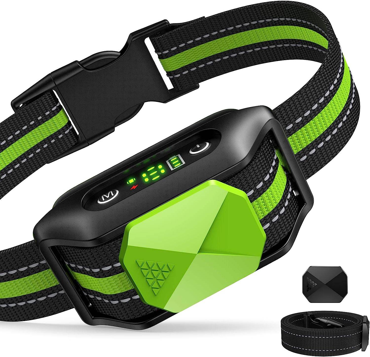 5 levels sensitivity adjustment, sound + vibration stop and anti-barking function.
The anti barking training shock Collar works in automatic mode, in which sounds and vibrations are combined to effectively and safely stop the barking. Useful when you are not at home and your dog stays alone.
Our rechargeable barking collar control device contains an integrated rechargeable battery, and can be fully charged in 2 hours for up to 15 days of work time. There are 3 green horizontal bars which shows the battery volume, easy to remind you to charge.
The bark collar is adjustable for dogs weighing 6 to 150 lbs with a neck size of 23.6 inches Max. Adjust the strap according to the size of your dog.