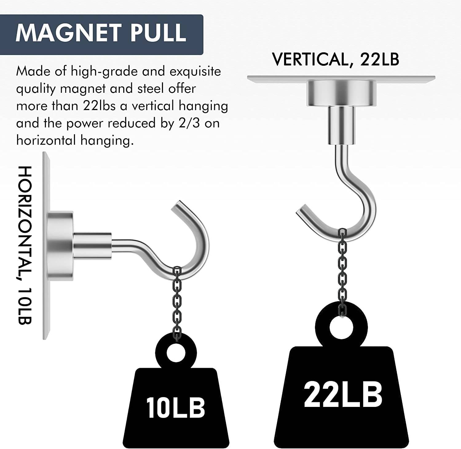 QSCQ 4 Pcs Hardware Hooks set holds to metal surfaces firmly. Universal uses include: hanging kitchen tools, utensils, keys, bags towels, aprons, and sweaters. So they are perfect for homes, offices, schools, and shops. Specification: Material: Magnet+Stainless Steel Color: Silver Rally: 10-22 LB Size: 1.38 inch x 0.63 inch Diameter: 0.59 inch Features: 1. Strong magnetic force and small size. 2. Long magnetic force and long service life. 3. Neodymium magnets can work well on toolboxes, steel frames, metal filing cabinets, metal workbenches, etc. 4. Magnetic Hooks can be carried with you when traveling to facilitate storage and hanging of items.